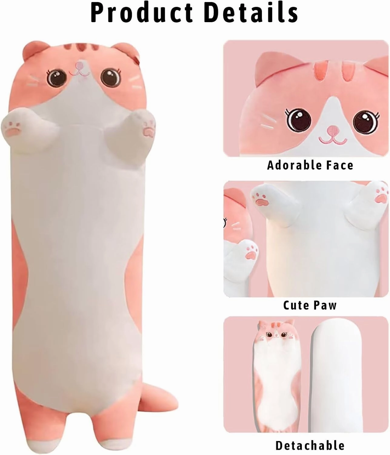 Cat Stuffed Animal Kids Body Pillow for Girls, Soft Cute Plushies Long Cat Hugging Body Pillows with Removable Zipper Cover, Pink Cat Plush Pillow for Cuddling, Sofa or Bed Décor