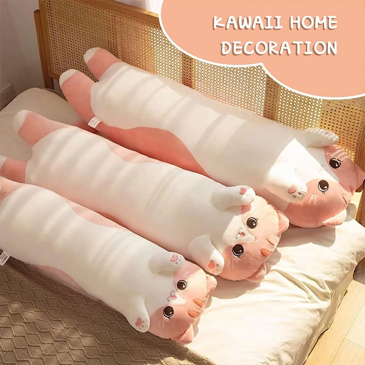 Cat Stuffed Animal Kids Body Pillow for Girls, Soft Cute Plushies Long Cat Hugging Body Pillows with Removable Zipper Cover, Pink Cat Plush Pillow for Cuddling, Sofa or Bed Décor