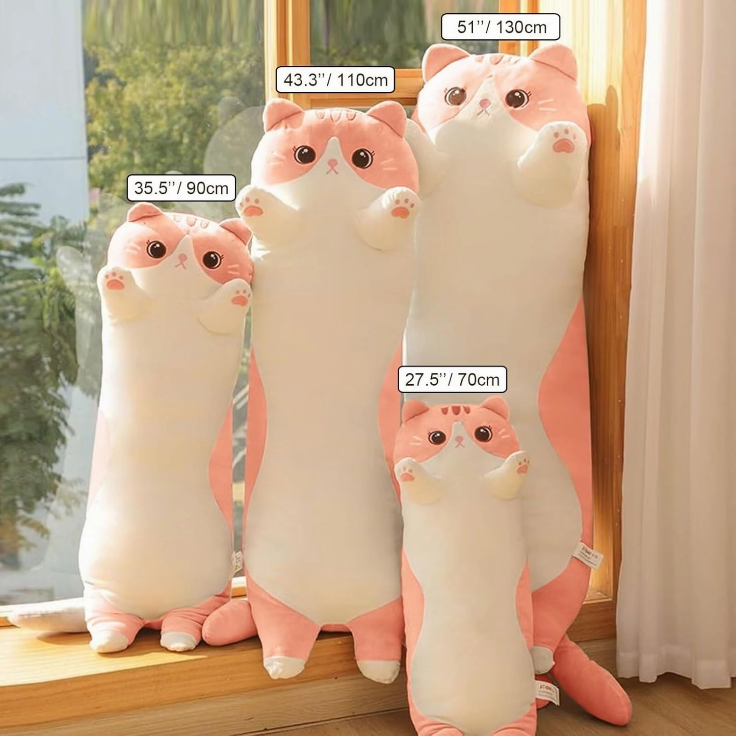 Cat Stuffed Animal Kids Body Pillow for Girls, Soft Cute Plushies Long Cat Hugging Body Pillows with Removable Zipper Cover, Pink Cat Plush Pillow for Cuddling, Sofa or Bed Décor