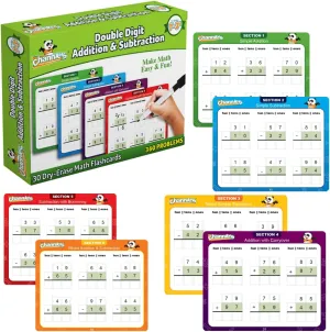 Channie’s Double Digit Addition and Subtraction Flash Cards, 30 Dry Erase Educational Math Flash Cards for Kids, Ideal for 1st to 3rd Grade, Level 2 Color-Coded Cards, 360 Two-Digit Problems