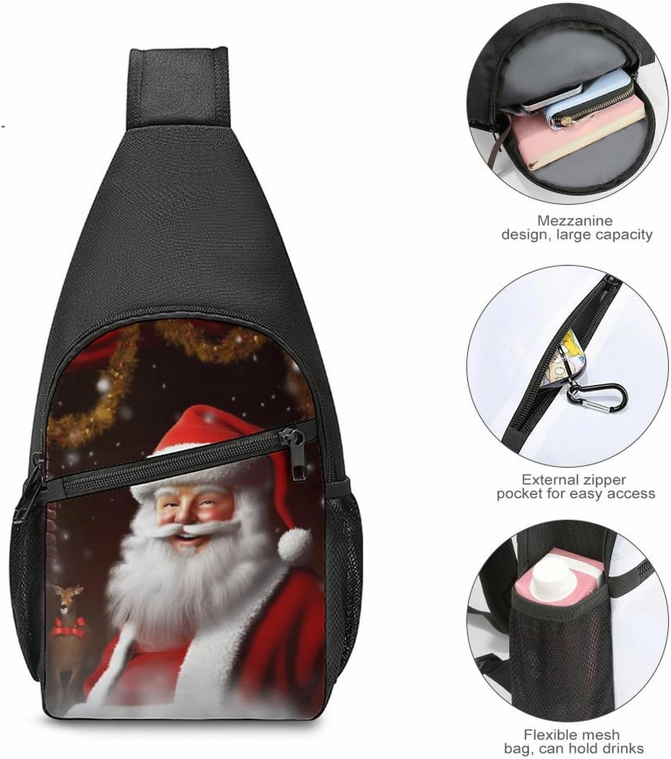 Chest Bag Sling Bag for Men Women Santa Christmas Zoom Sport Sling Backpack Lightweight Shoulder Bag for Travel