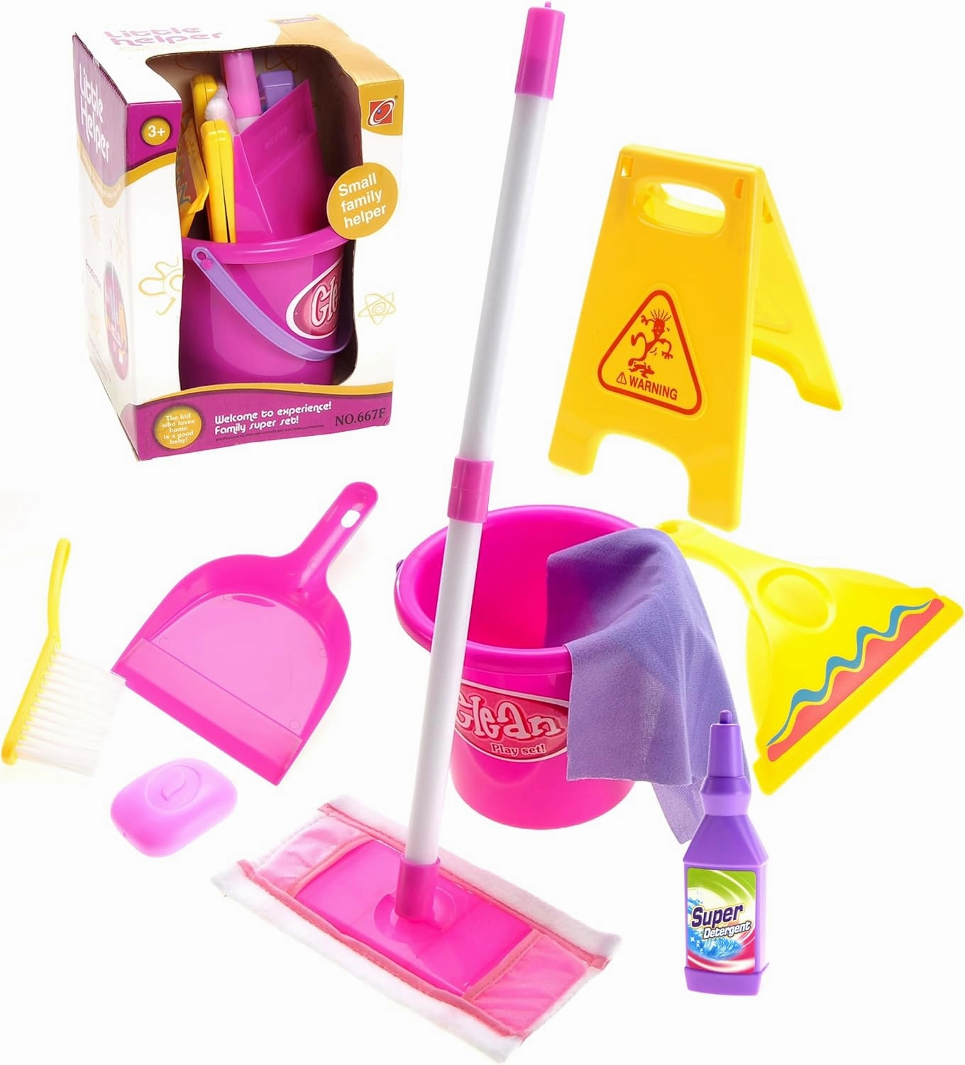 Children Cleaning Toy Playset with Mop, Brush, Bucket, Caution Sign, Pretend Play Broom and Mop Set for Kids Ages 3 4 5 6  Christmas Birthday Party Gift for Girls Boys