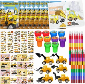 Cinrobiye 72 Pcs Construction Party Favors, Truck Car Coloring Books with Stacking Crayons Bulk, Engineering Vehicle Birthday Goodie Bag Fillers, Stickers Stampers Prizes for Tractor Party Supplies