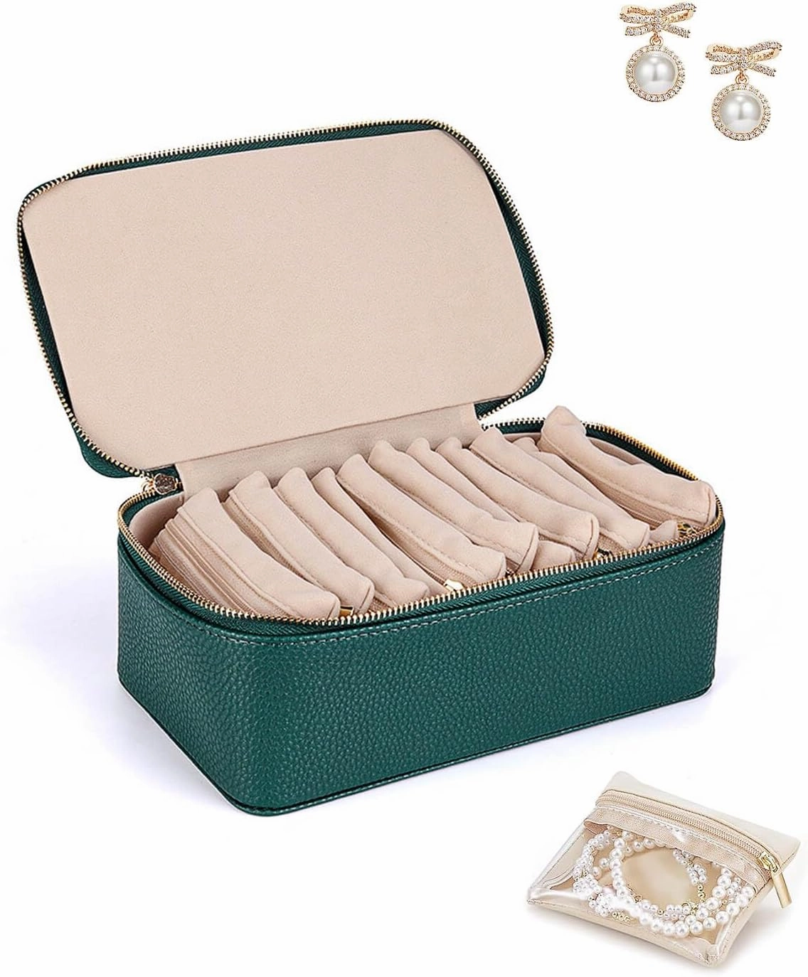 Circulatne Travel Jewelry Organizer Box with 12 Velvet Pouches, Large Capacity PU Leather Jewelry Case for Women - Portable Storage for Earrings, Necklaces, Rings (Dark Green)