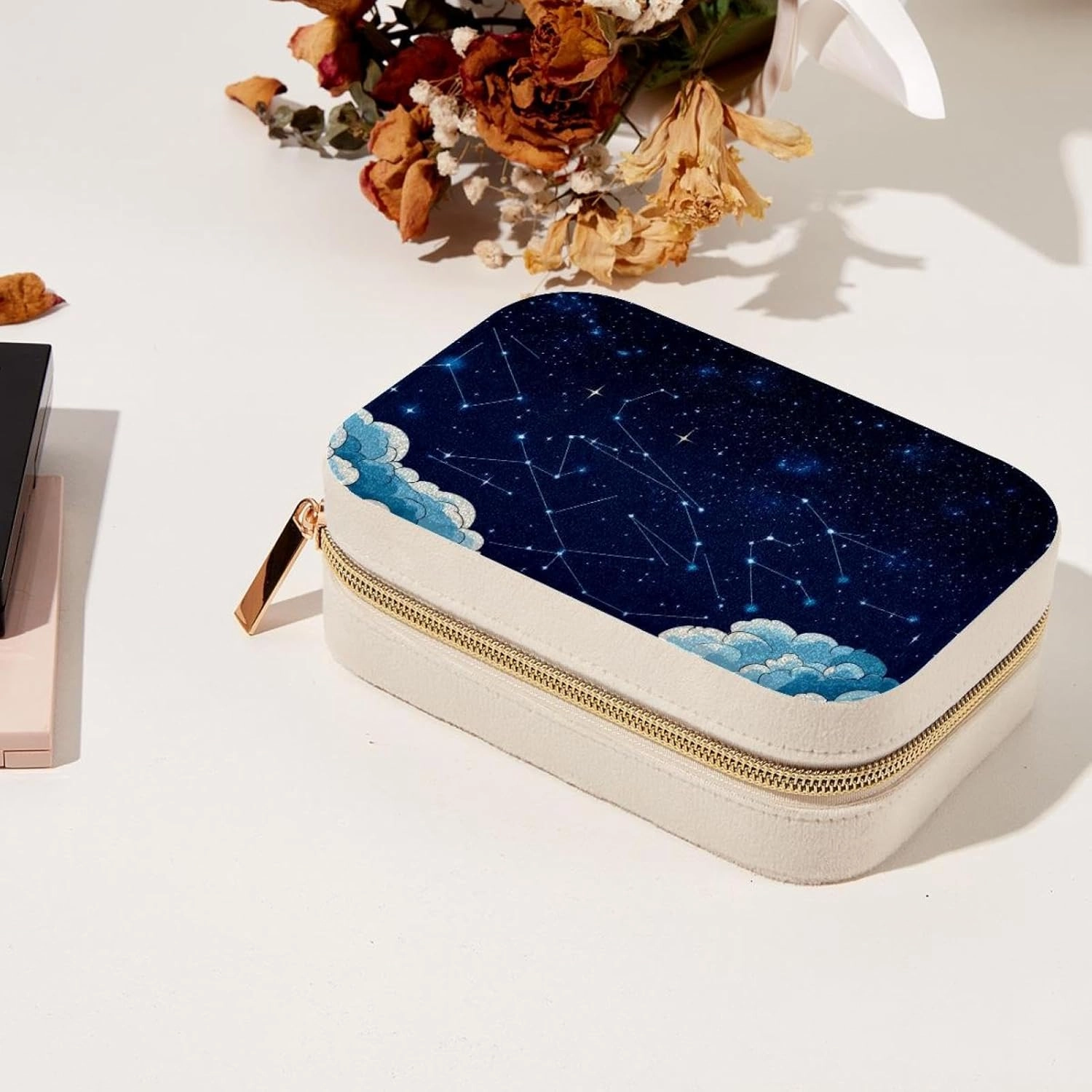 Constellation and Cosmic Objects on Night Sky Background Travel Jewelry Box, Portable Travel Display Case Storage Holder Boxes for Stud Earrings, Rings, Necklaces, Bracelets