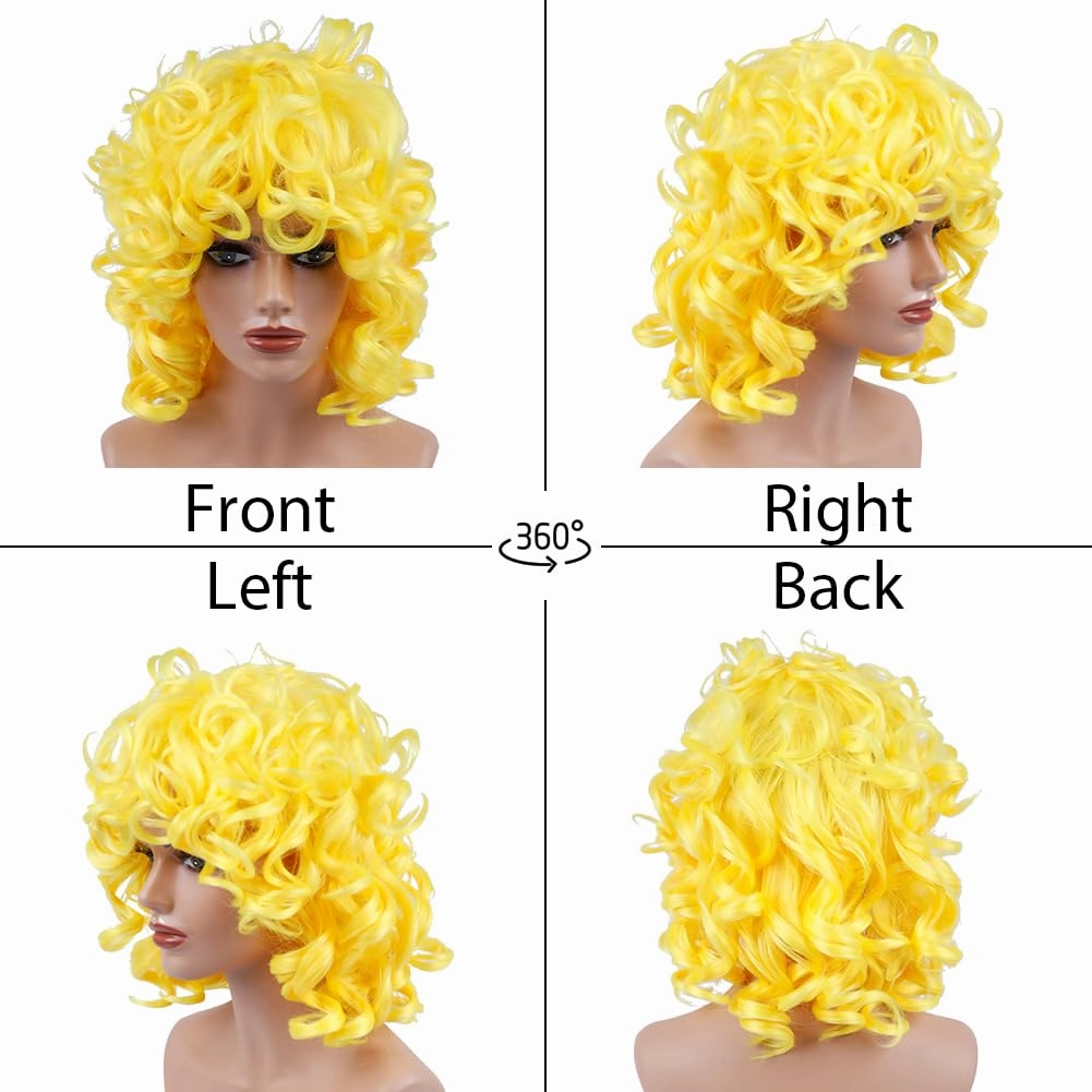Curly Wig for Black Women Full and Soft Gold Hoop Earring 2Wig Cap Comb 2Beauty Blenders (Yellow)