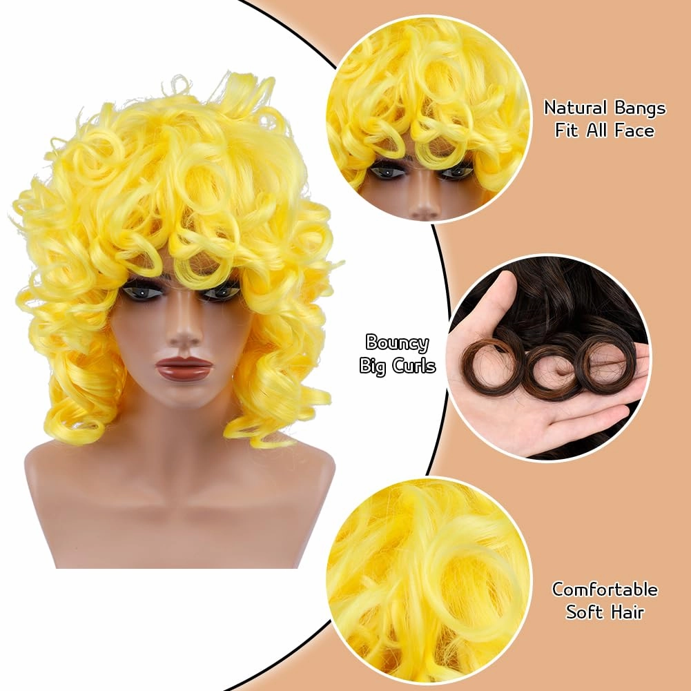 Curly Wig for Black Women Full and Soft Gold Hoop Earring 2Wig Cap Comb 2Beauty Blenders (Yellow)