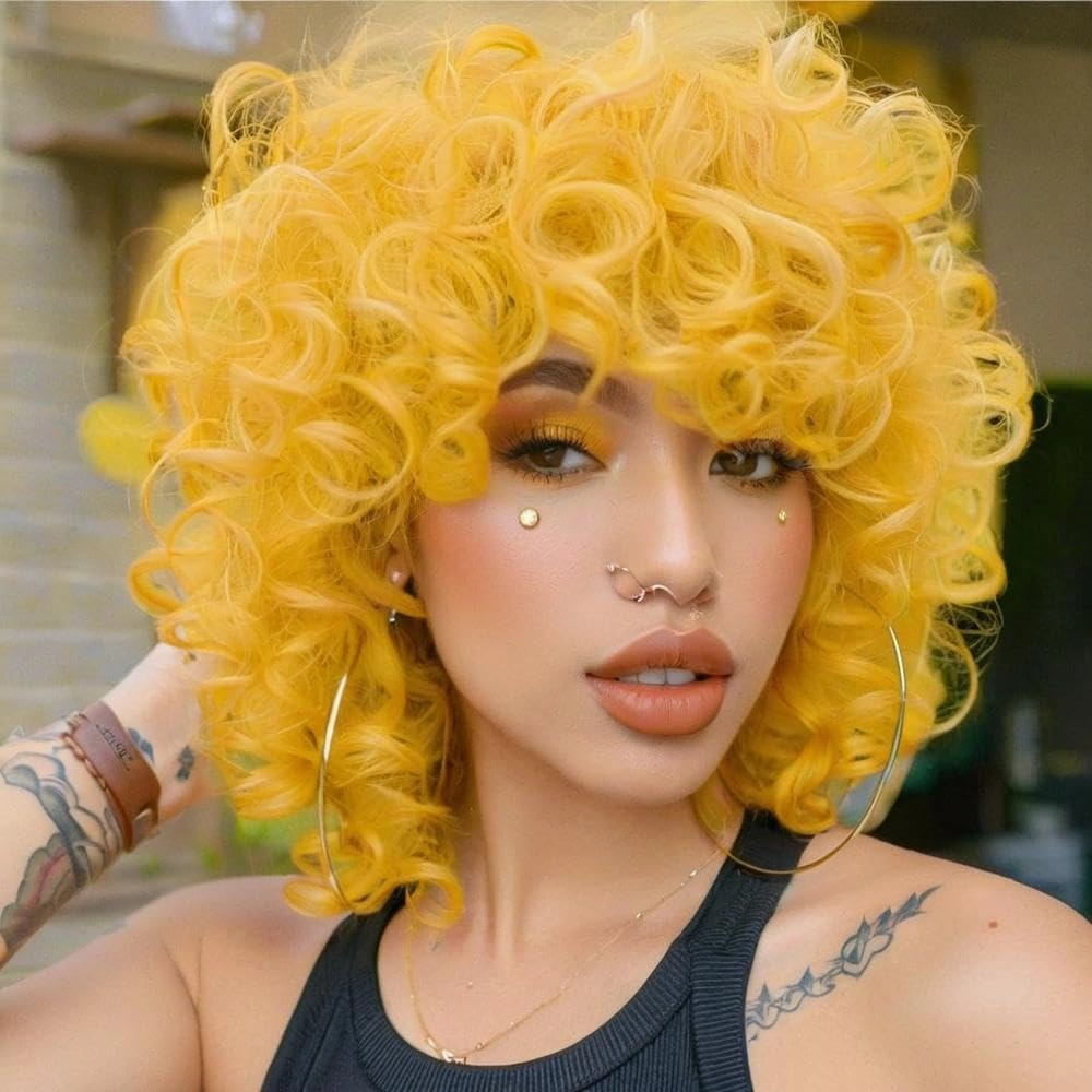 Curly Wig for Black Women Full and Soft Gold Hoop Earring 2Wig Cap Comb 2Beauty Blenders (Yellow)