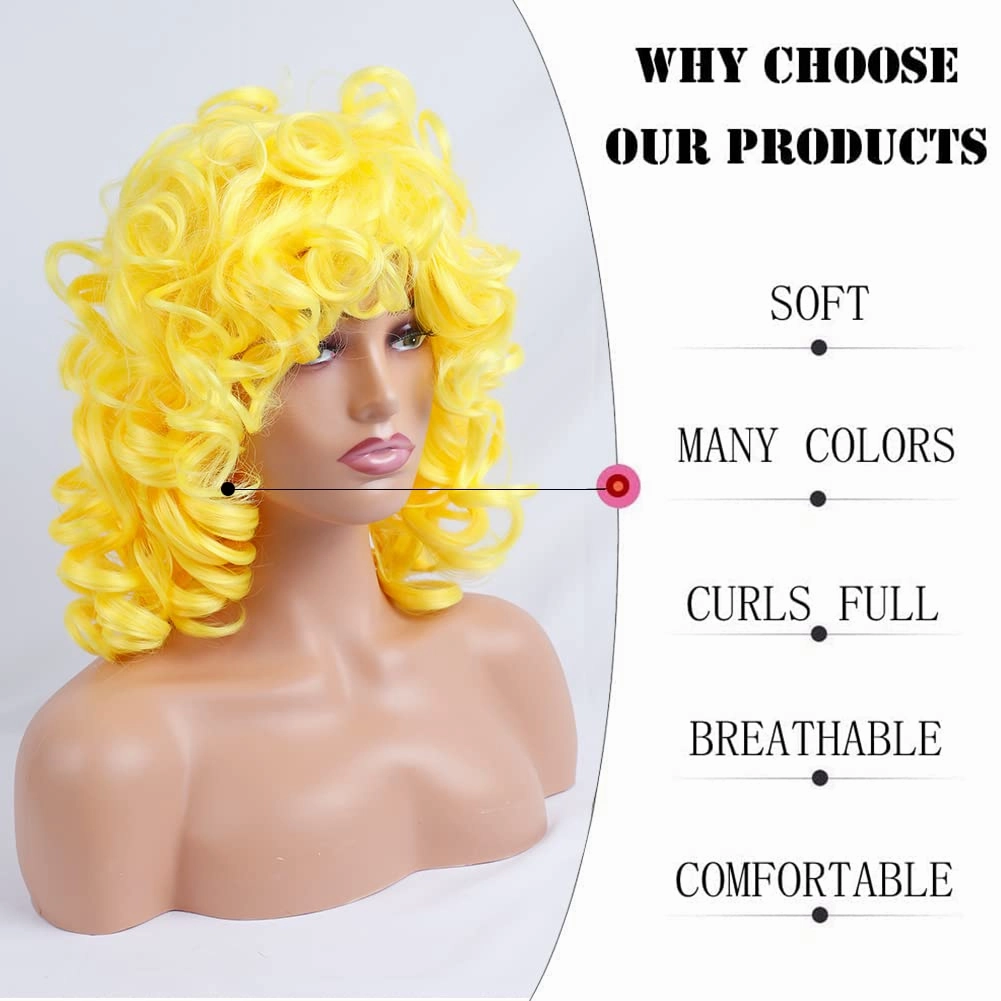 Curly Wig for Black Women Full and Soft Gold Hoop Earring 2Wig Cap Comb 2Beauty Blenders (Yellow)
