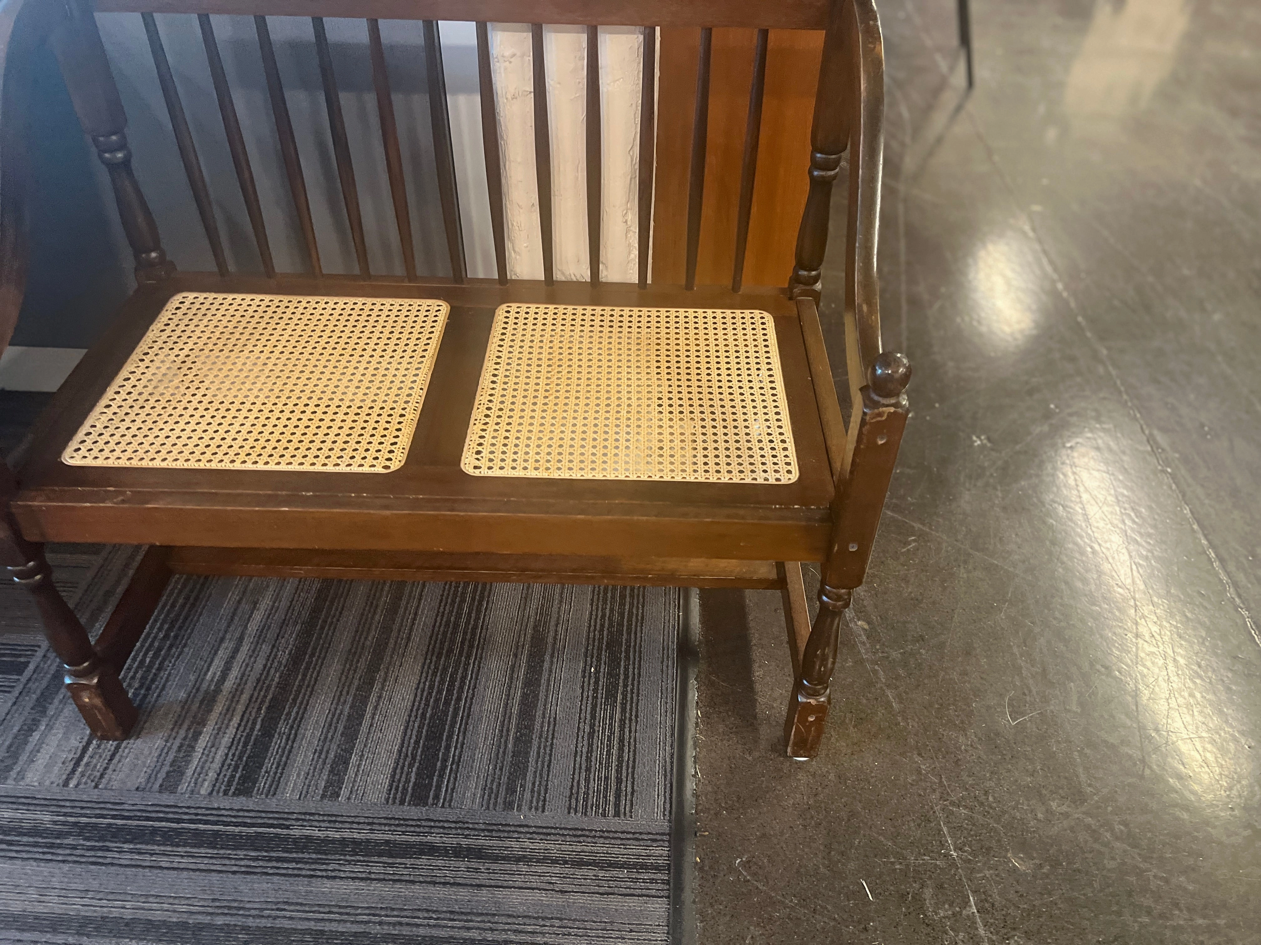 Curved Wood and Rattan Entryway Bench
