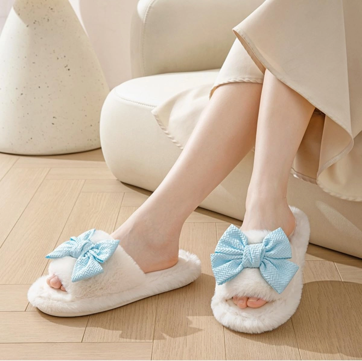 Cute Bow House Women's Slippers - Open Toe Warm Plush Fluffly Non-Slip Sole Indoor