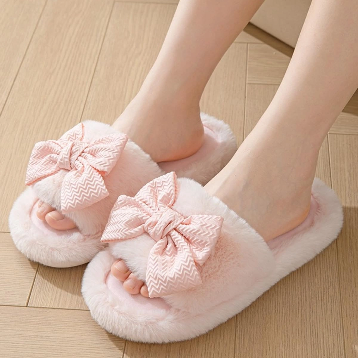 Cute Bow House Women's Slippers - Open Toe Warm Plush Fluffly Non-Slip Sole Indoor