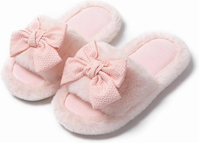 Cute Bow House Women's Slippers - Open Toe Warm Plush Fluffly Non-Slip Sole Indoor