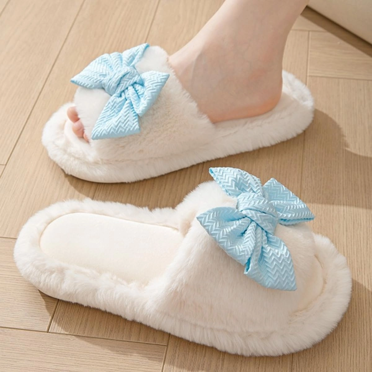 Cute Bow House Women's Slippers - Open Toe Warm Plush Fluffly Non-Slip Sole Indoor