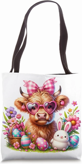 Cute Highland Cow Colorful Easter Eggs Bunny Spring Flowers Tote Bag