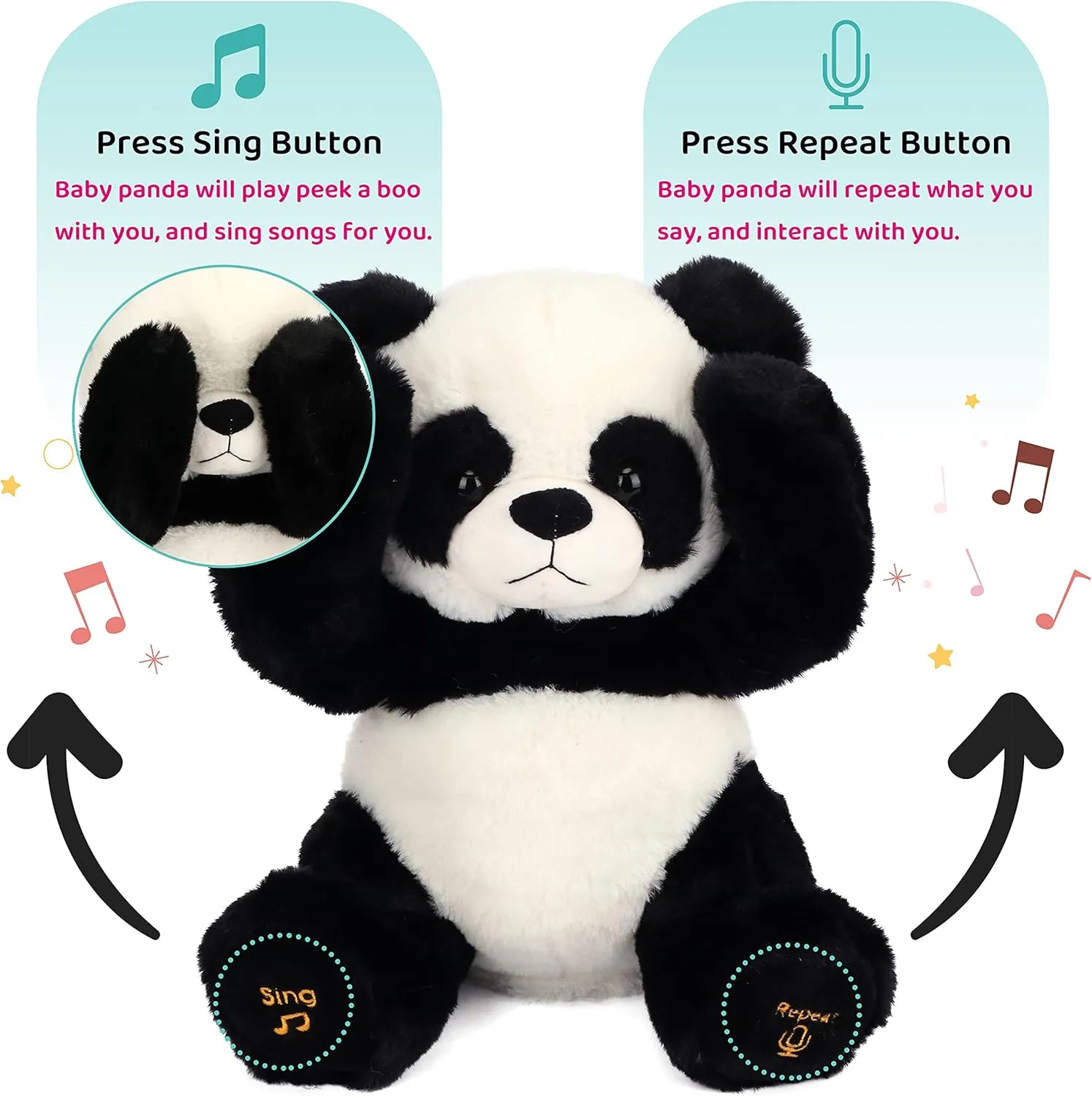 Cuteoy Peek A Boo Panda Bear Plush Toy Interactive Electric Stuffed Animal Repeats What You Say Singing Talking Musical Plushies Gifts for Christmas Birthday 11''