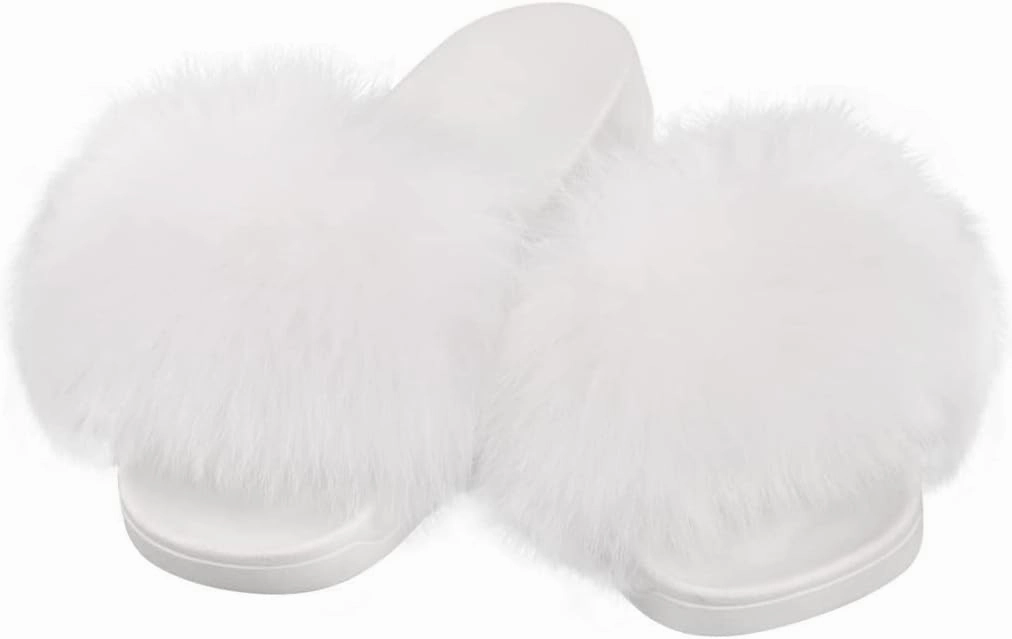 DAYISS Women Fox Fur Slippers Summer Colorful Feather Open Toe Slip On Sandals