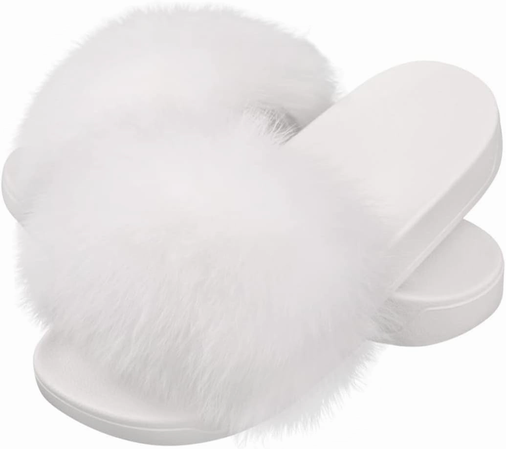 DAYISS Women Fox Fur Slippers Summer Colorful Feather Open Toe Slip On Sandals