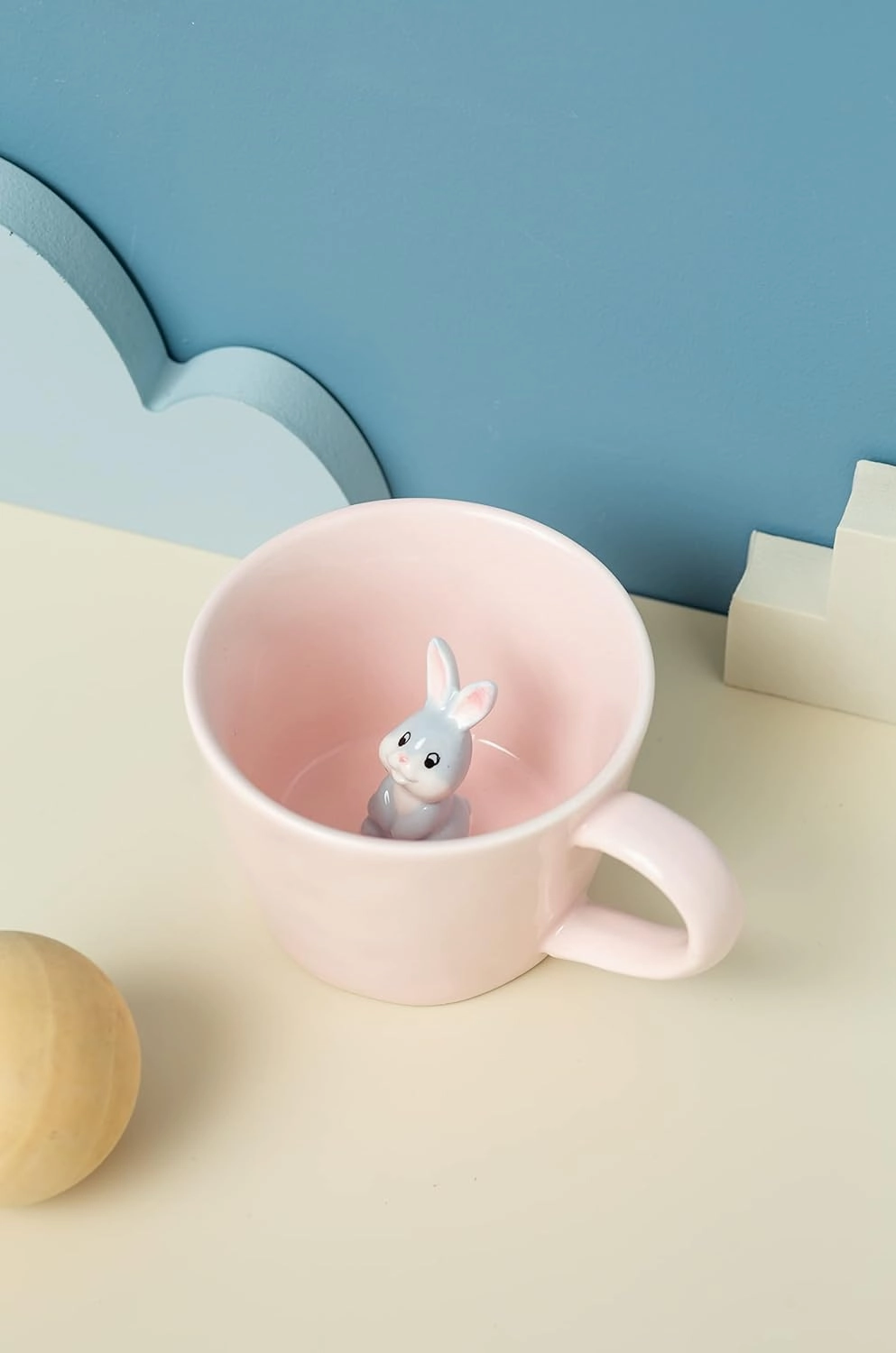 DIHOclub Rabbit Ceramic Cup Hidden 3D Animal Inside Mug,Cute Cartoon Bunny Handmade Figurine Mugs,Easter Gifts,12 OZ (Pink)