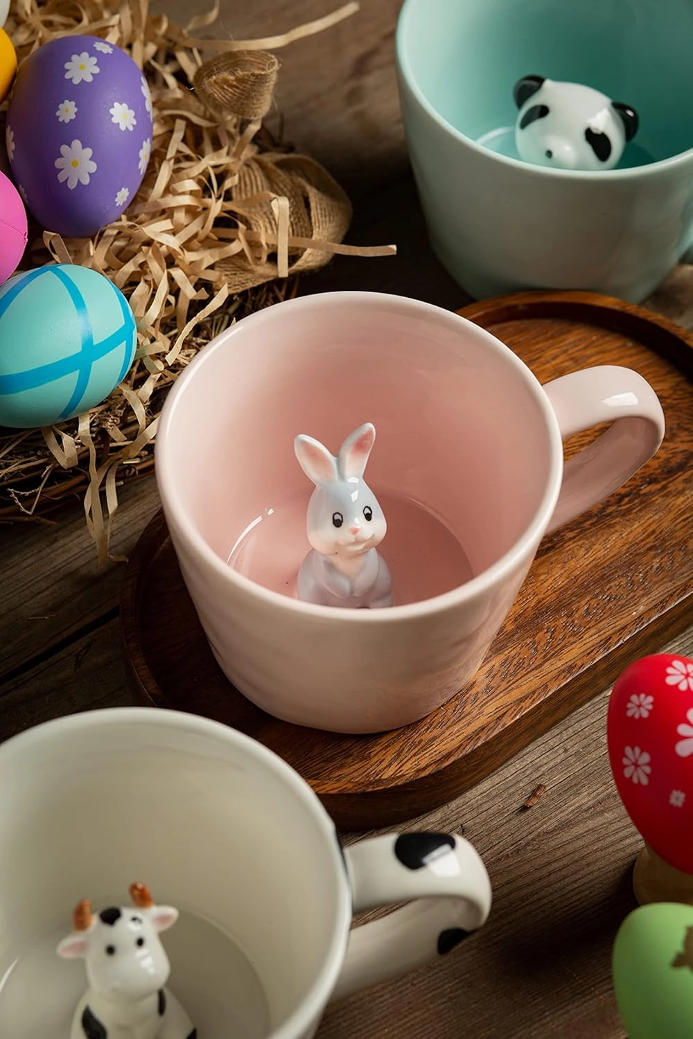 DIHOclub Rabbit Ceramic Cup Hidden 3D Animal Inside Mug,Cute Cartoon Bunny Handmade Figurine Mugs,Easter Gifts,12 OZ (Pink)