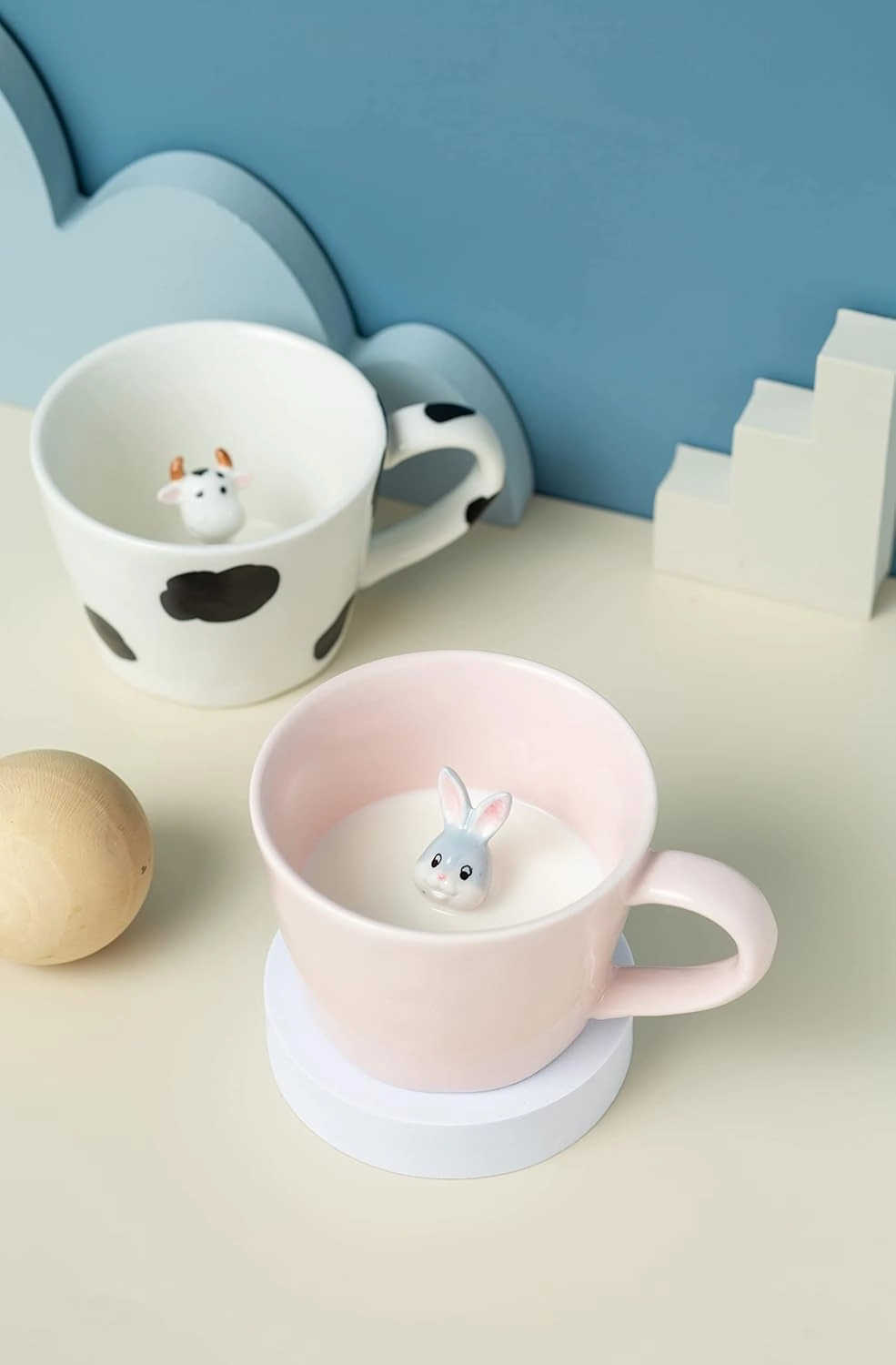 DIHOclub Rabbit Ceramic Cup Hidden 3D Animal Inside Mug,Cute Cartoon Bunny Handmade Figurine Mugs,Easter Gifts,12 OZ (Pink)