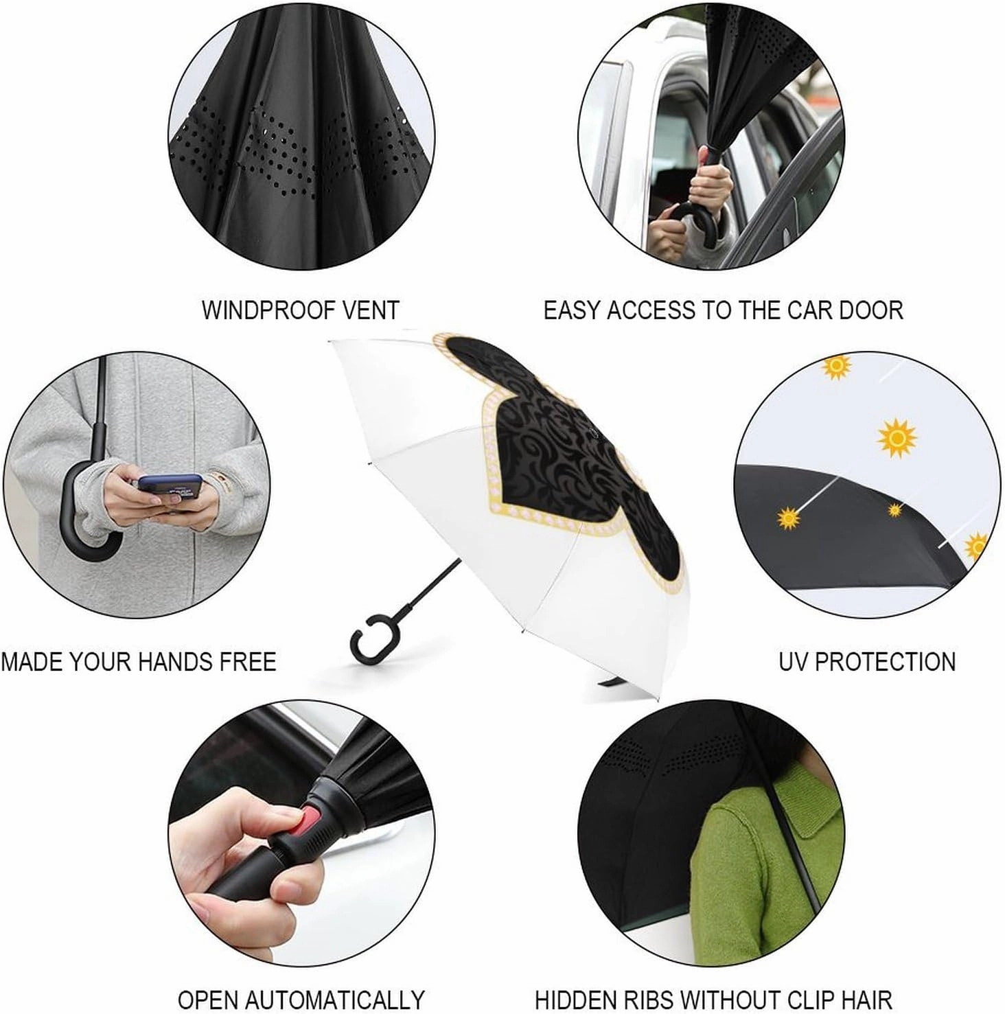 Donnapink Auto Large Inverted Rain Umbrella, Automatic Open/Close Reverse Car Umbrella Sun Protect UV Winds Rain Compact Parasol