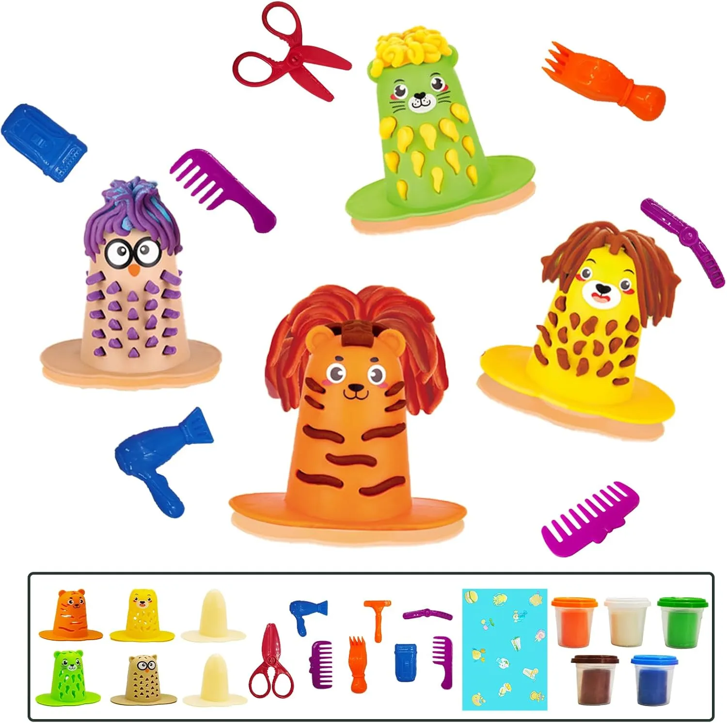 Dough Play Set Hair Salon Animal Cutting Collection With Razor, Clipper, Scissor, Dryer, Shaver, Combs and 5 Colors of Modeling Dough - Playset Toy Gift for Boys & Girls Pack of 20