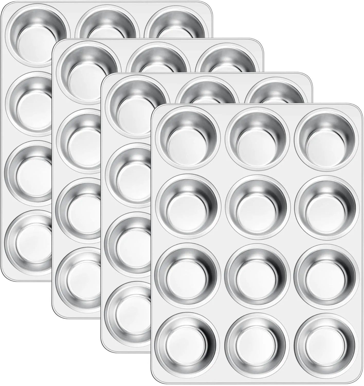 E-far 12-Cup Muffin Pan Set of 4, Stainless Steel Muffin Tins, Non-Toxic Metal Cupcake Pans Tray for Baking Small Mini Cupcake, Heavy Duty & Regular Size, Rust Free & Dishwasher Safe