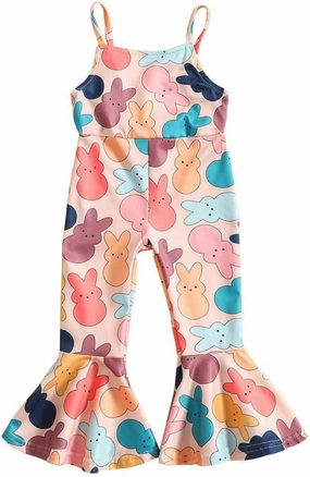 Easter Outfits for Toddler Baby Girls Bell Bottoms Romper Bunny Floral Jumpsuit Cute One Piece Flare Overalls Pants