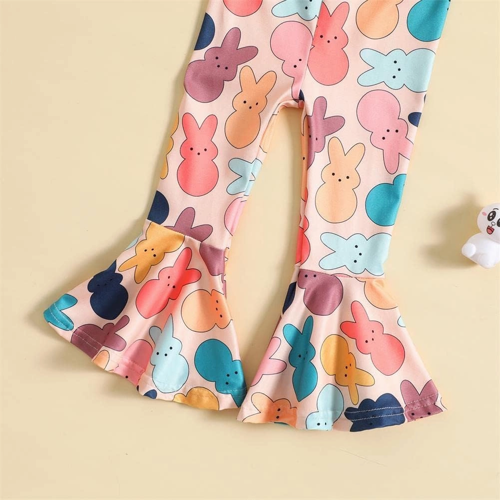 Easter Outfits for Toddler Baby Girls Bell Bottoms Romper Bunny Floral Jumpsuit Cute One Piece Flare Overalls Pants