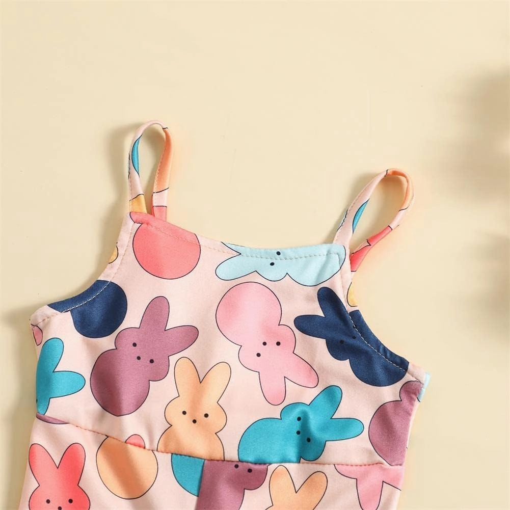 Easter Outfits for Toddler Baby Girls Bell Bottoms Romper Bunny Floral Jumpsuit Cute One Piece Flare Overalls Pants