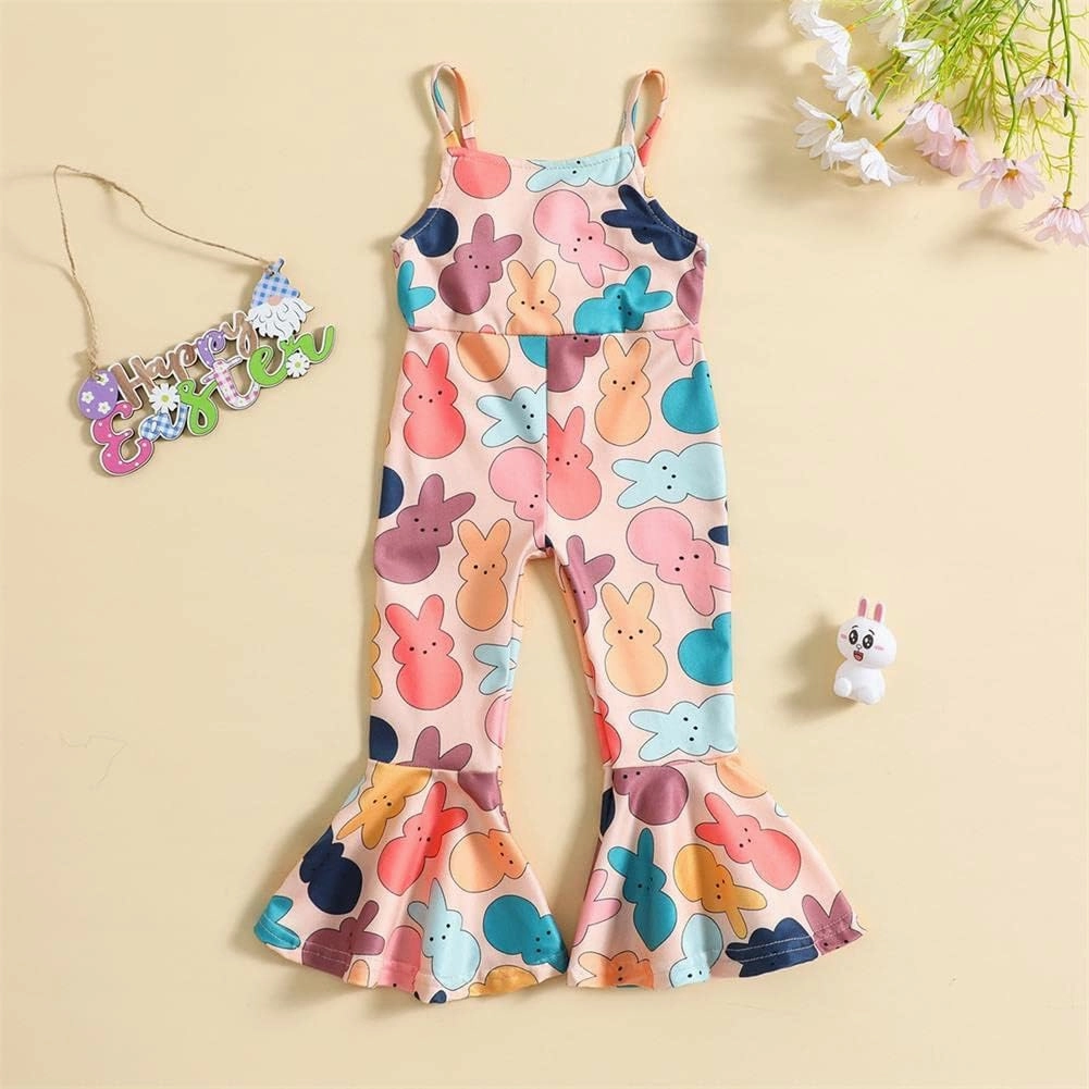 Easter Outfits for Toddler Baby Girls Bell Bottoms Romper Bunny Floral Jumpsuit Cute One Piece Flare Overalls Pants