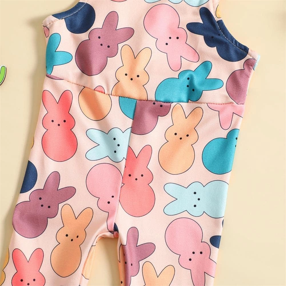 Easter Outfits for Toddler Baby Girls Bell Bottoms Romper Bunny Floral Jumpsuit Cute One Piece Flare Overalls Pants