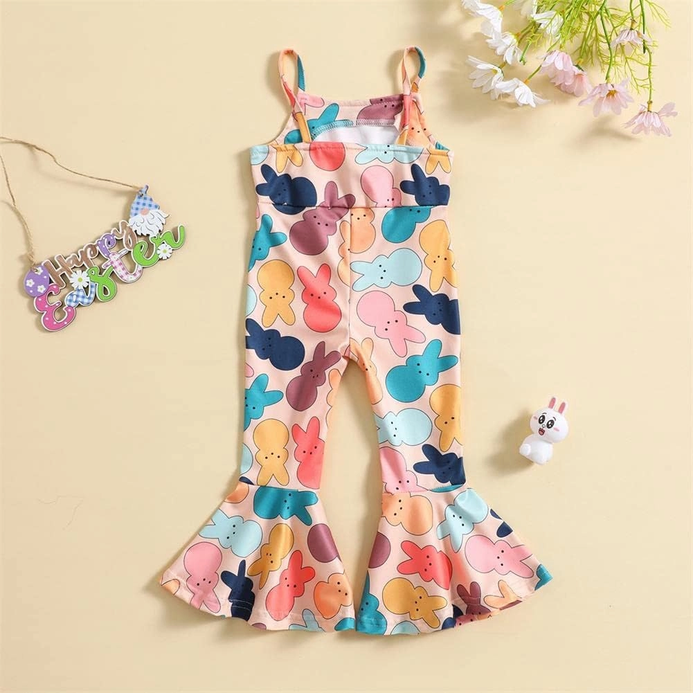 Easter Outfits for Toddler Baby Girls Bell Bottoms Romper Bunny Floral Jumpsuit Cute One Piece Flare Overalls Pants