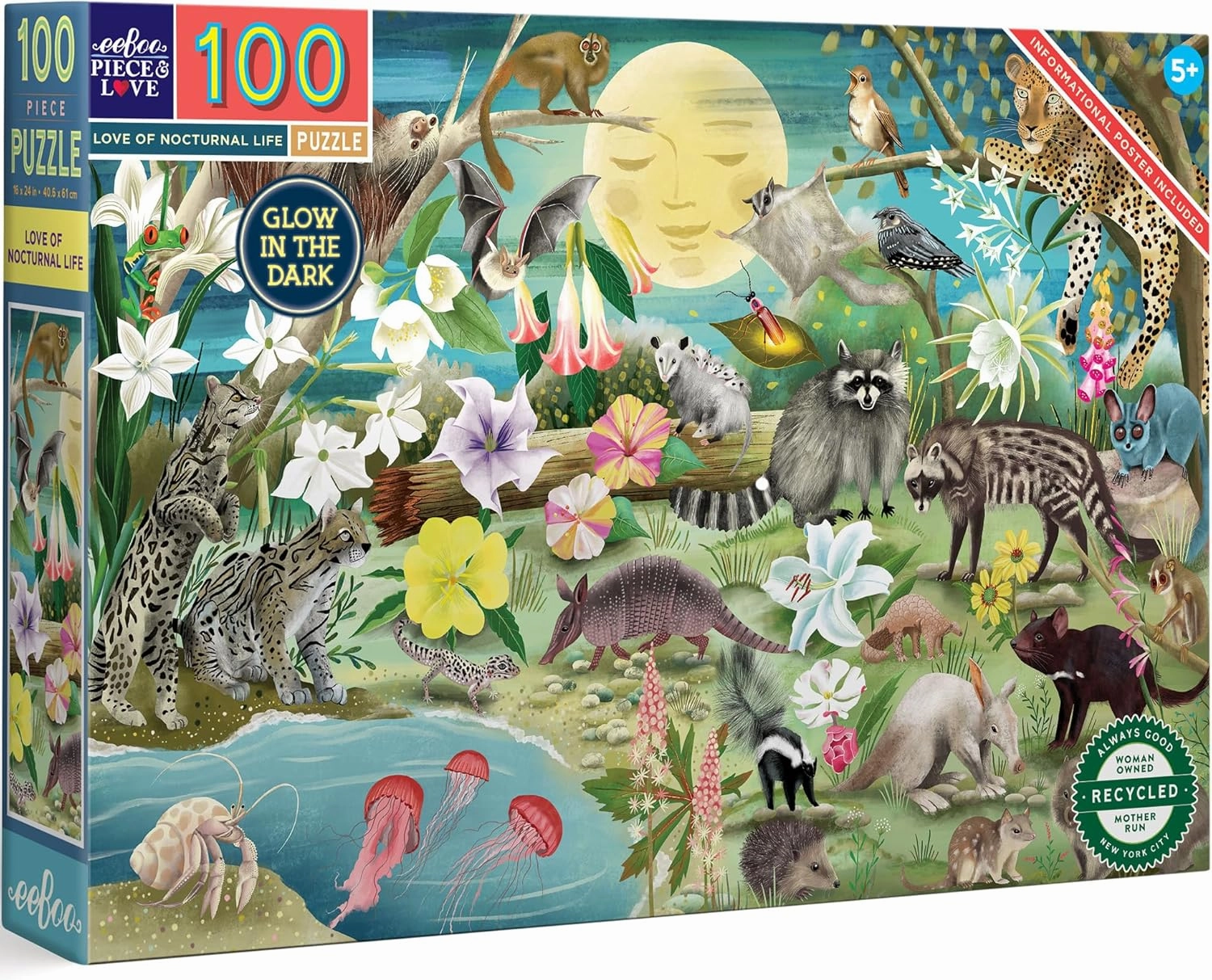 eeBoo: Love of Nocturnal Life - 100 Piece Puzzle - 24 x 16 Glows-in-The-Dark, Animal & Nature Jigsaw, Informational Poster, Educational, Kids Ages 5 