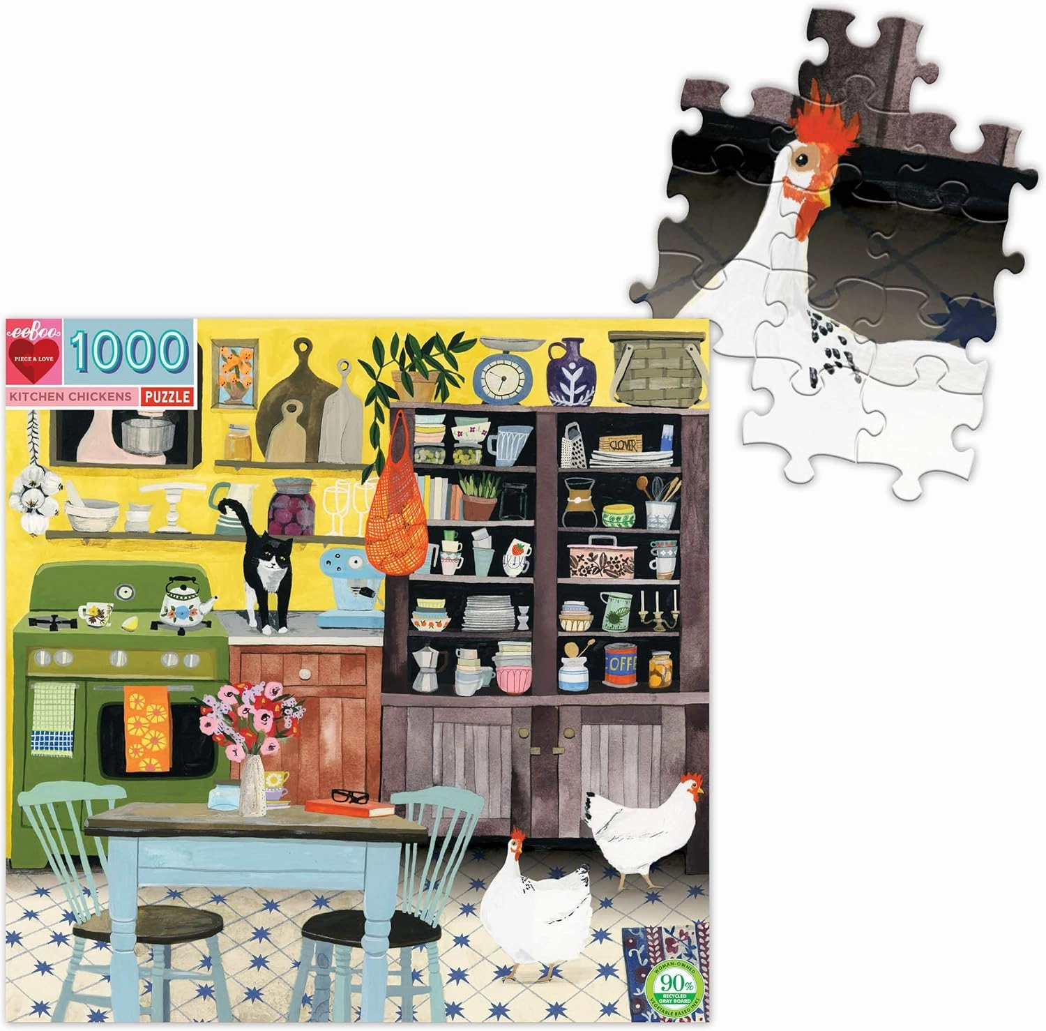 eeBoo: Piece and Love Kitchen Chickens 1000 Piece Square Adult Jigsaw Puzzle, Puzzle for Adults and Families, Glossy, Sturdy Pieces and Minimal Puzzle Dust
