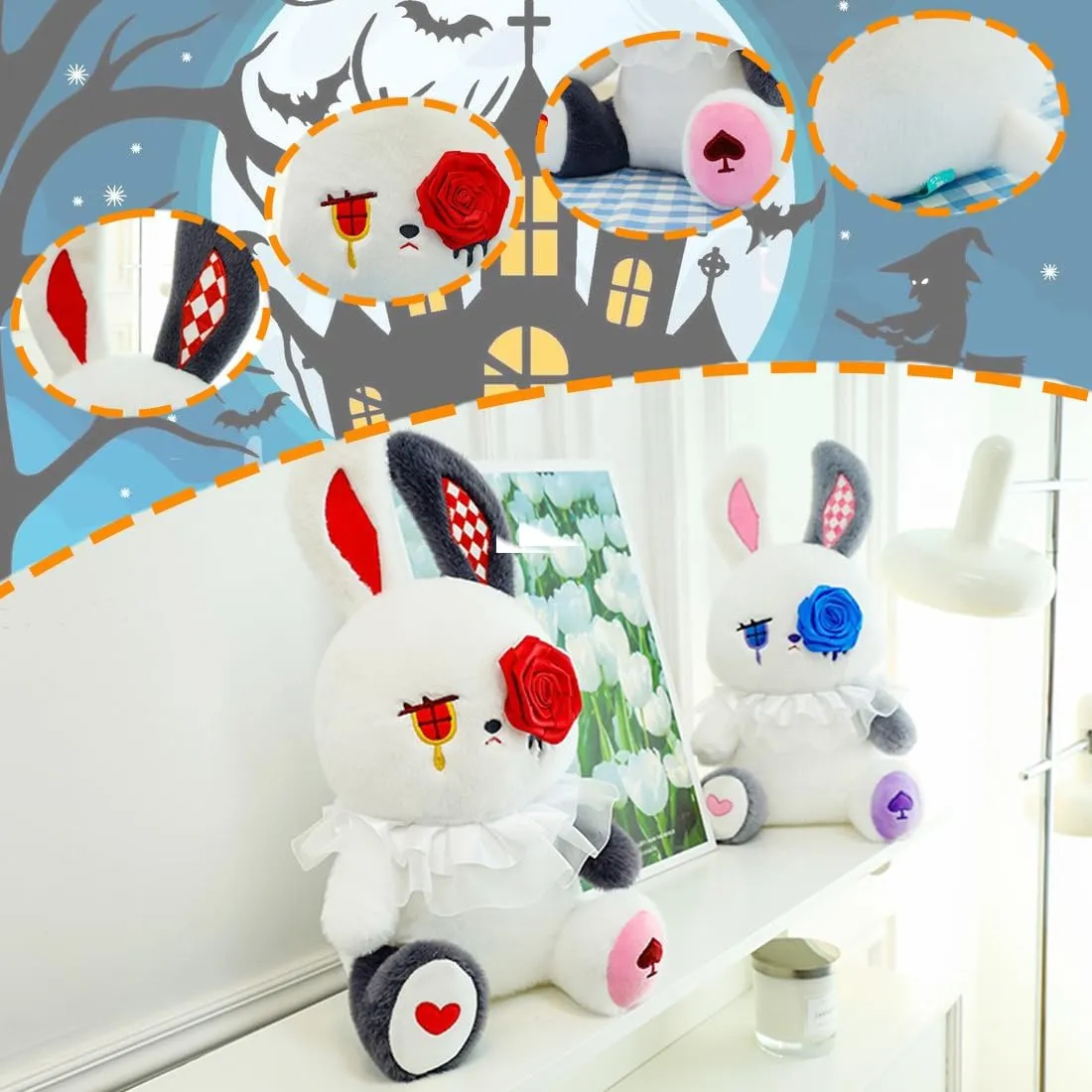 ELAINREN Creepy Gothic Bunny Plush Toy, Stuffed White Rabbit with Rose Decor, Dreadful Rose Rabbit Plushie Halloween Dolls Gifts/15.7''