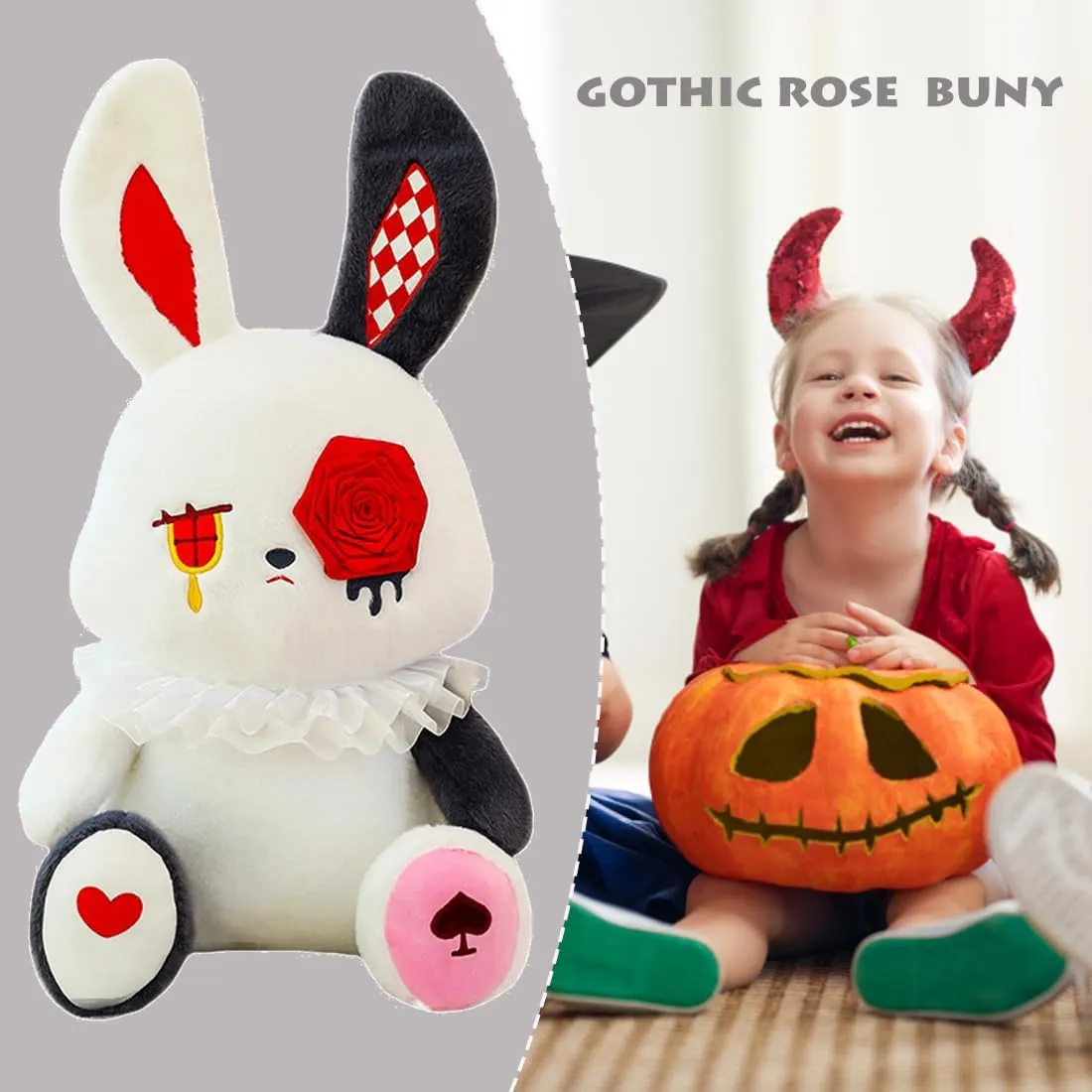 ELAINREN Creepy Gothic Bunny Plush Toy, Stuffed White Rabbit with Rose Decor, Dreadful Rose Rabbit Plushie Halloween Dolls Gifts/15.7''