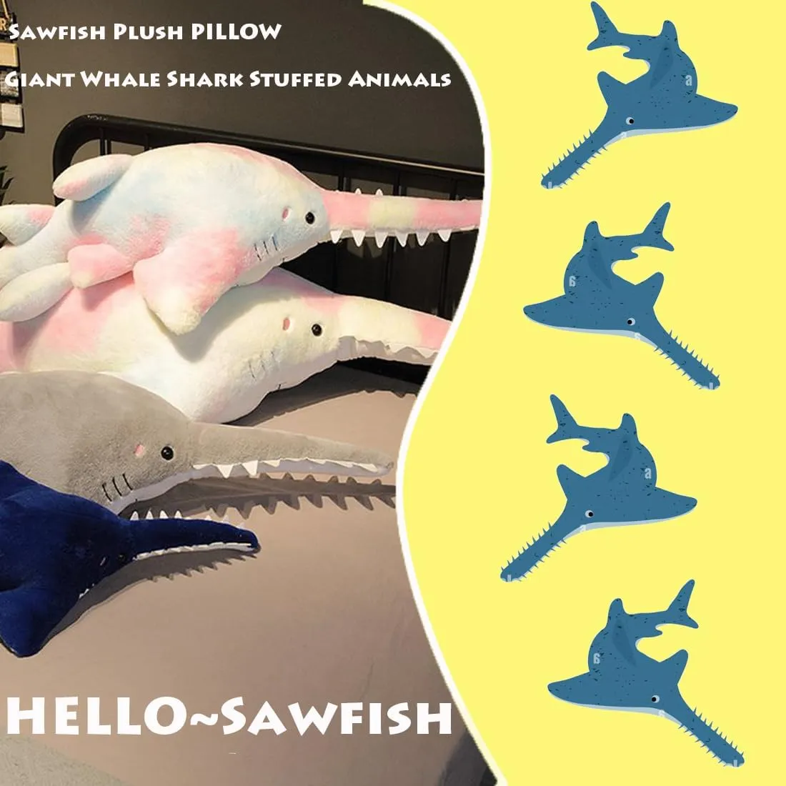 ELAINREN Lifelike Gray Sawfish Stuffed Ocean Toy Super Soft Saw Fish Plush Pillow Cuddle Shark Whale Plushie Big Cushion/37.4''