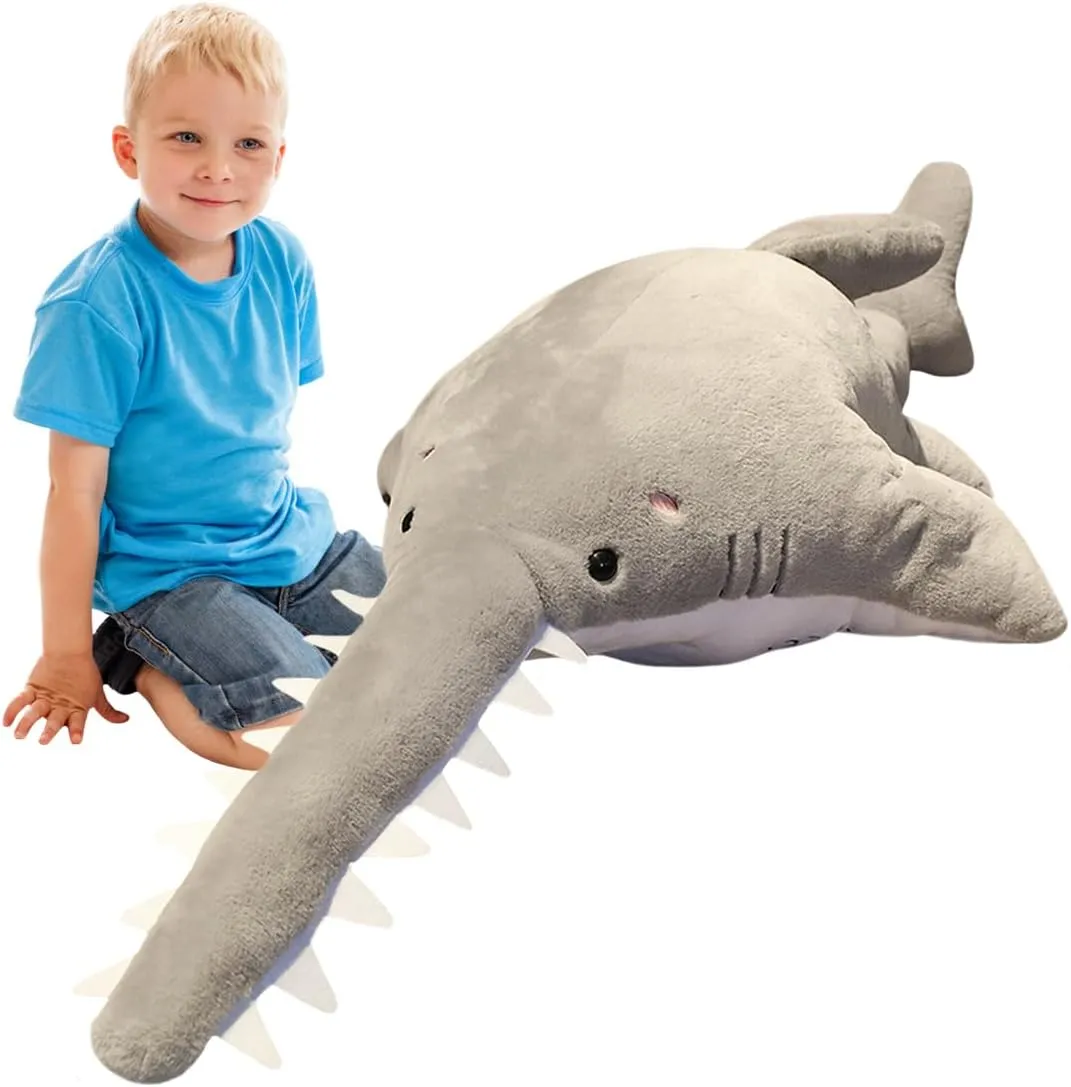 ELAINREN Lifelike Gray Sawfish Stuffed Ocean Toy Super Soft Saw Fish Plush Pillow Cuddle Shark Whale Plushie Big Cushion/37.4''