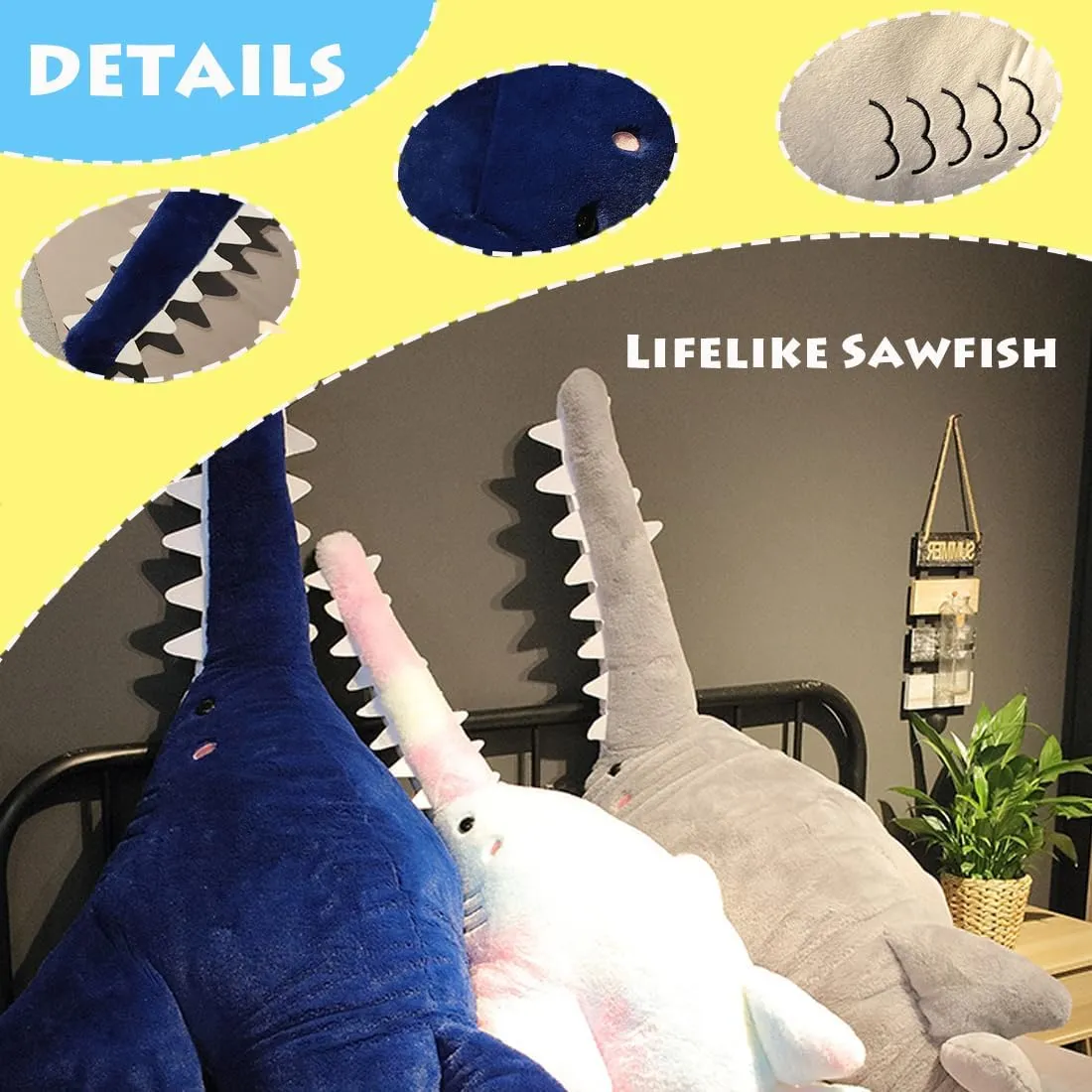 ELAINREN Lifelike Gray Sawfish Stuffed Ocean Toy Super Soft Saw Fish Plush Pillow Cuddle Shark Whale Plushie Big Cushion/37.4''