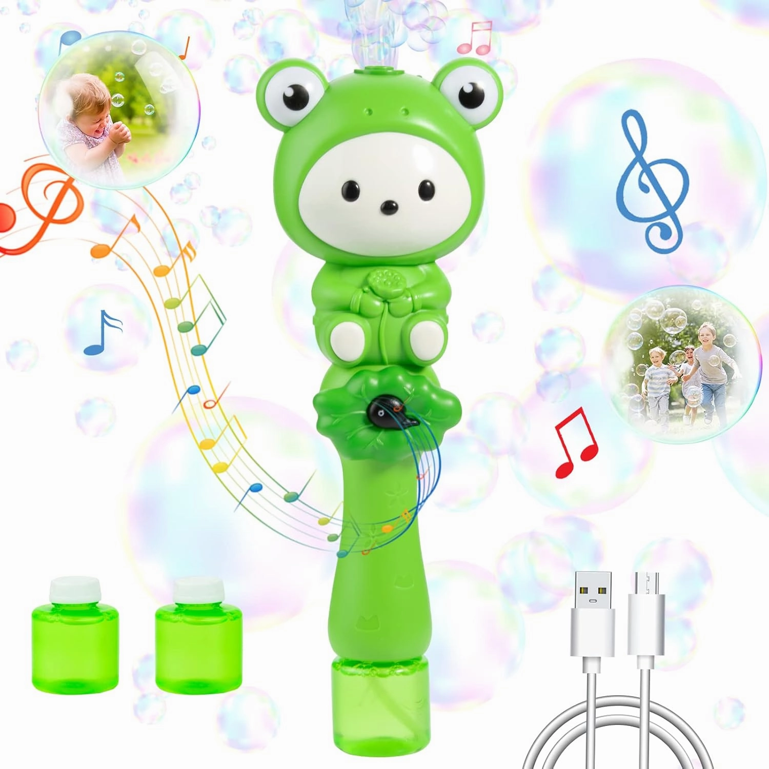 Electric Bubble Wand for Kids, Cute Cartoon Frog Design, Music & LED Light, Rechargeable Party Accessories for Boys and Girls (Perfect Party Tool)