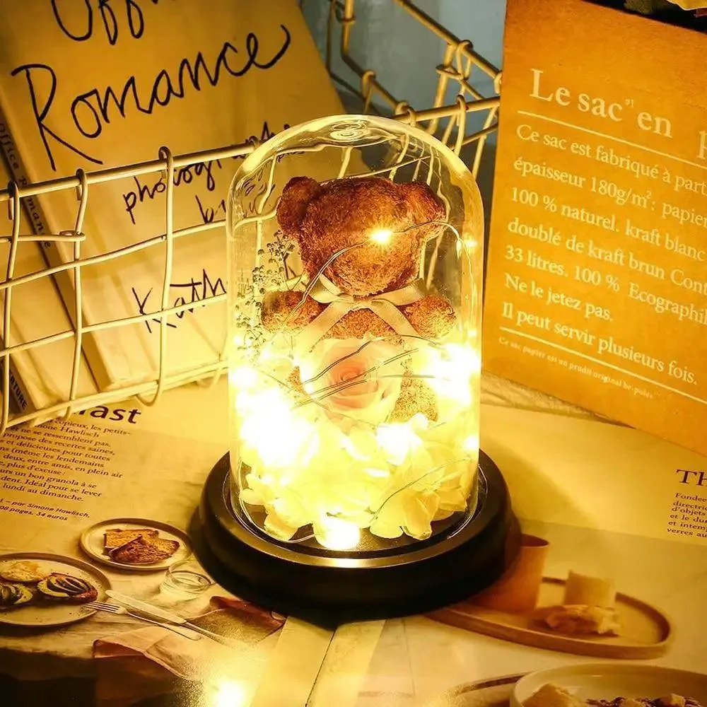 Enchanted Red Rose Teddy Bear In Glass Dome With LED Light - Best Wedding Decoration Birthday Valentine's Day Gift