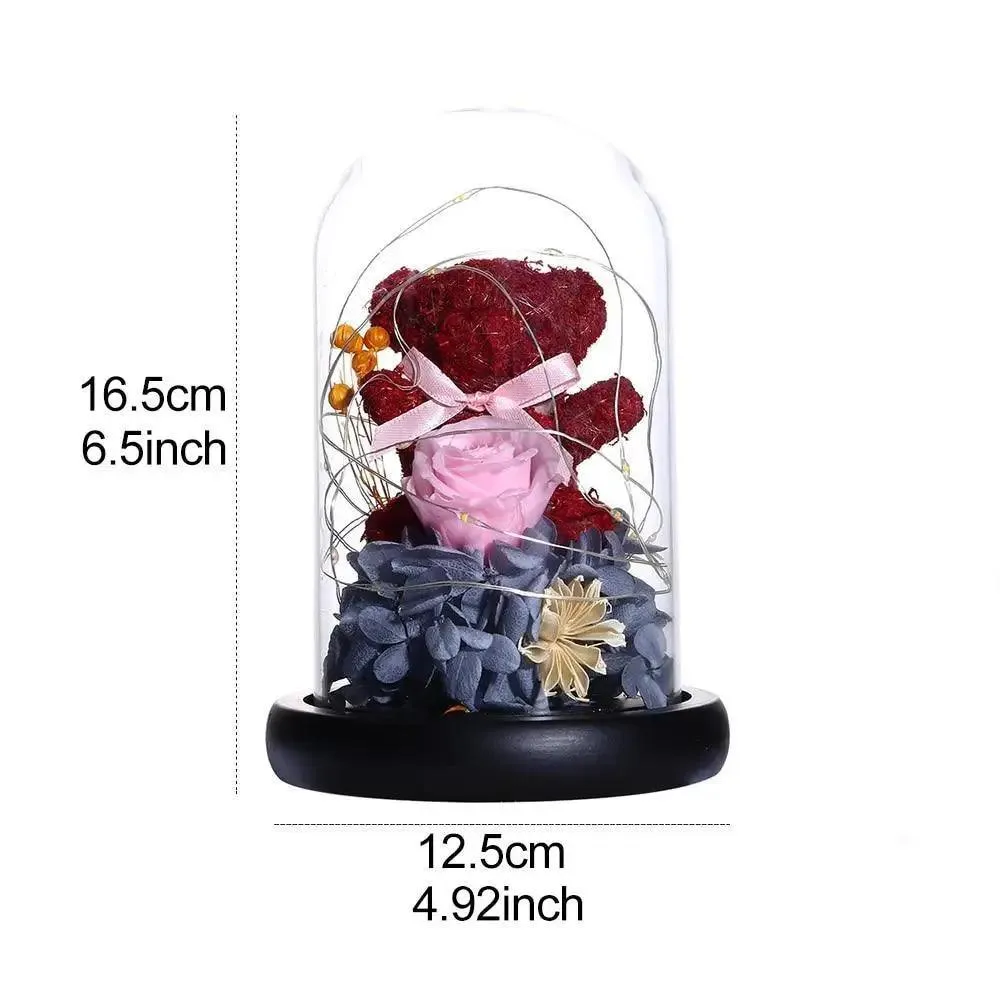 Enchanted Red Rose Teddy Bear In Glass Dome With LED Light - Best Wedding Decoration Birthday Valentine's Day Gift