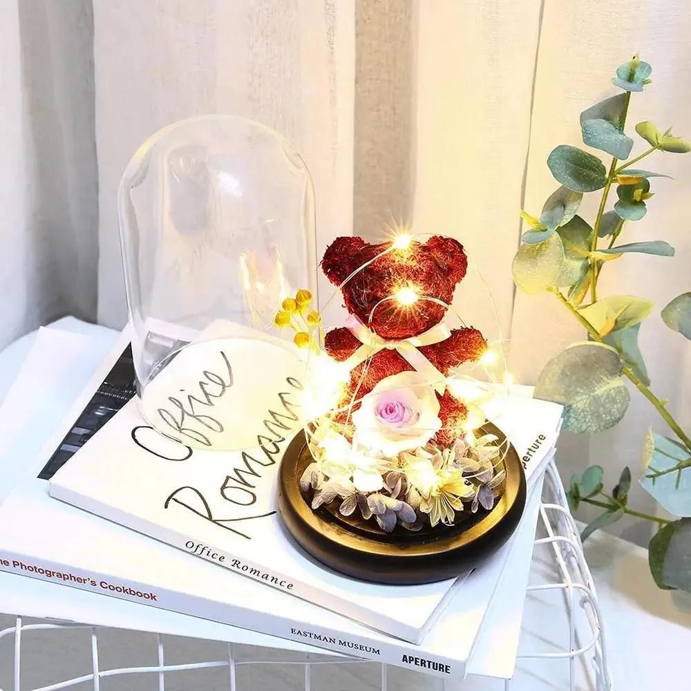 Enchanted Red Rose Teddy Bear In Glass Dome With LED Light - Best Wedding Decoration Birthday Valentine's Day Gift