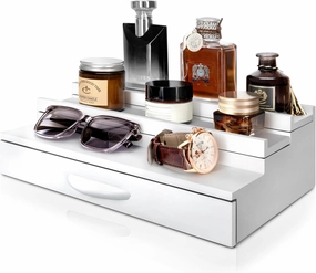 EOSAHR Decorative Cologne Organizer for Room Decor - 3 Tier Cologne Stand with Drawer and Hidden Compartment - Perfume Stand Organizer for Bedroom and Dresser (White)