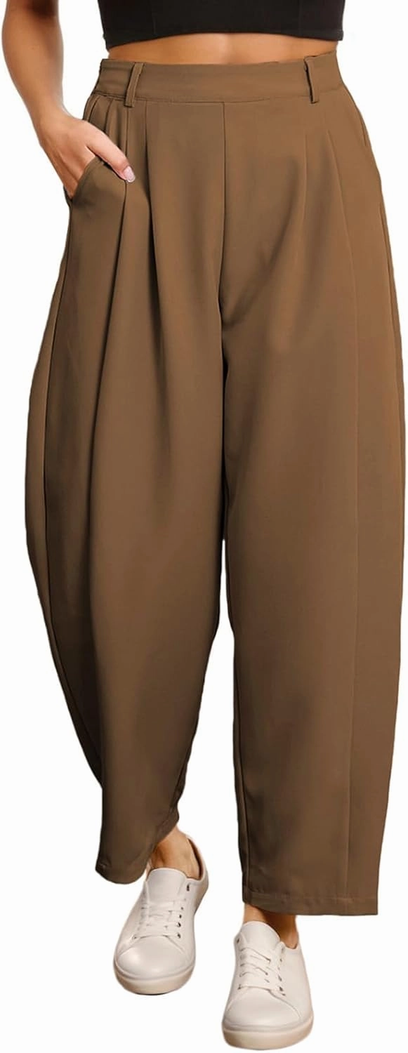 EVALESS Womens Wide Leg Barrel Pants Elastic High Waisted Side Pocket Palazzo Trousers Business Work Casual Pants