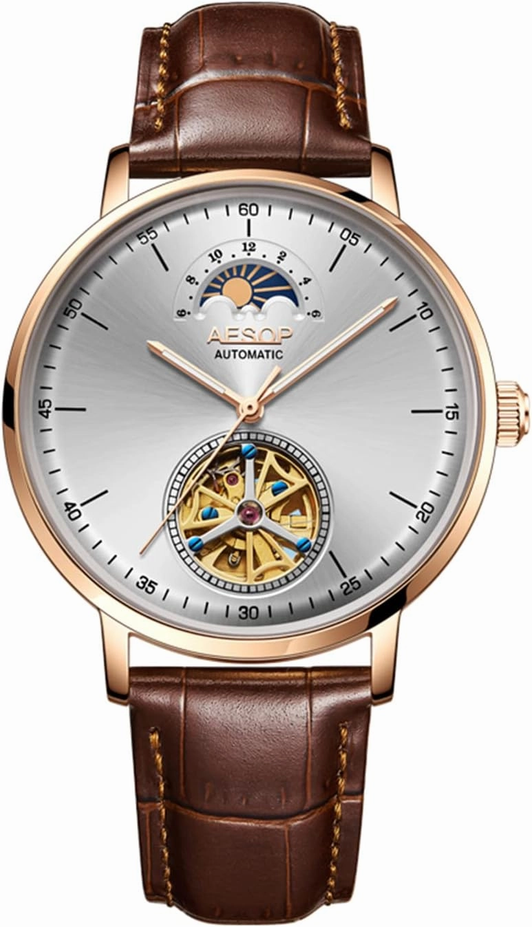 FANMIS White Globe Dial Automatic Self Winding Mechanical Watch Luxury Sapphire Crystal Business Dress Watch Chronometer Moon Phase Waterproof Mens Brown Silver Wrist Watch