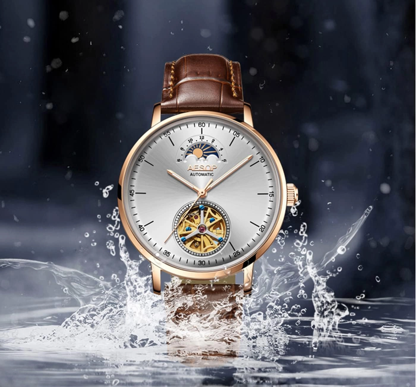 FANMIS White Globe Dial Automatic Self Winding Mechanical Watch Luxury Sapphire Crystal Business Dress Watch Chronometer Moon Phase Waterproof Mens Brown Silver Wrist Watch