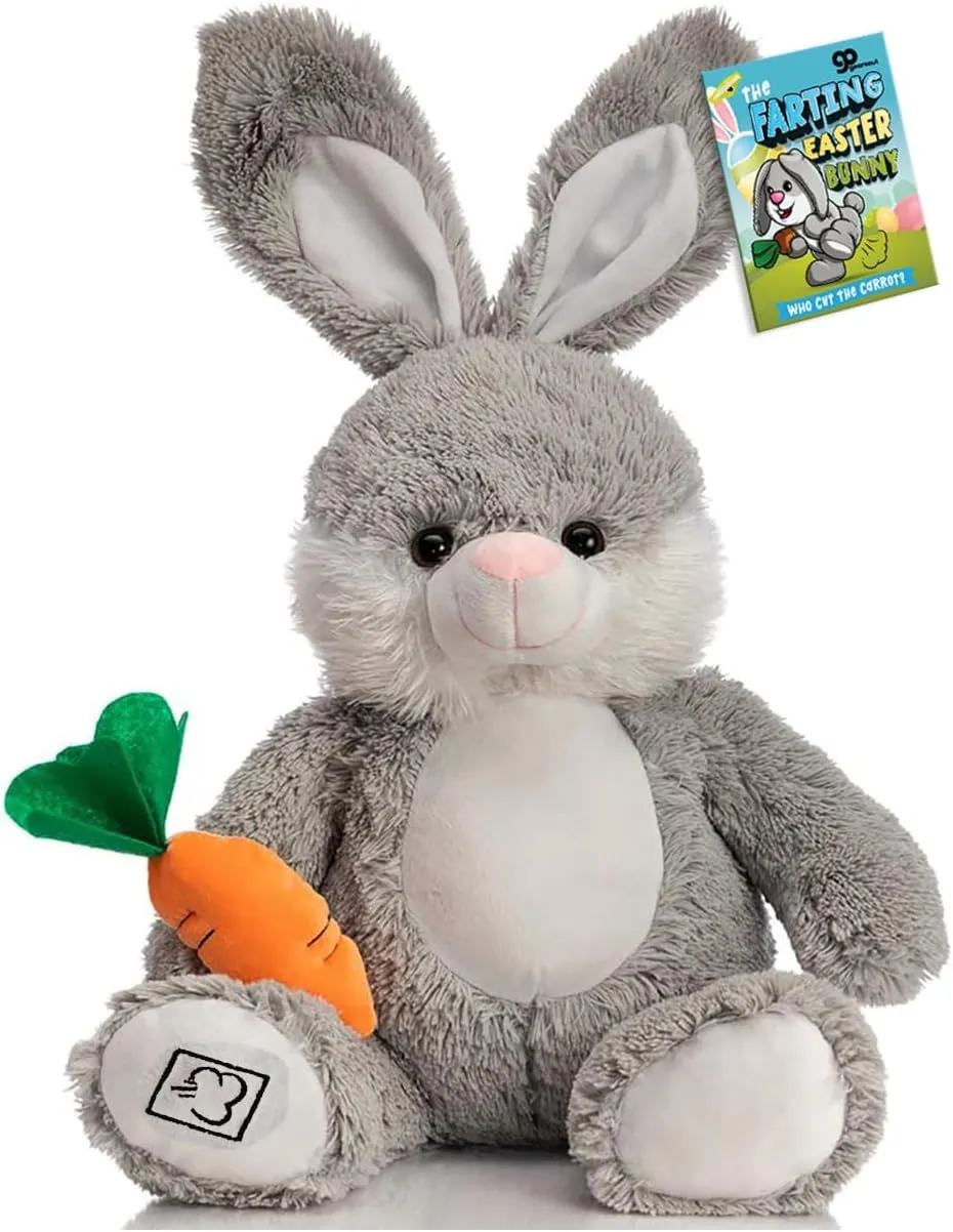 Farting Bunny Rabbit Stuffed Animal Toy - Funny Easter Gifts for Kids Teens Adults Easter Basket Filler Fake Fart Sounder Button Prank